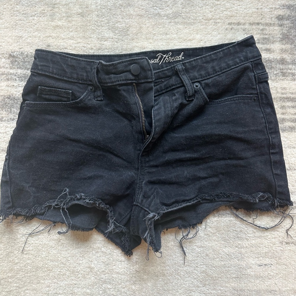 Black distressed denim shorts